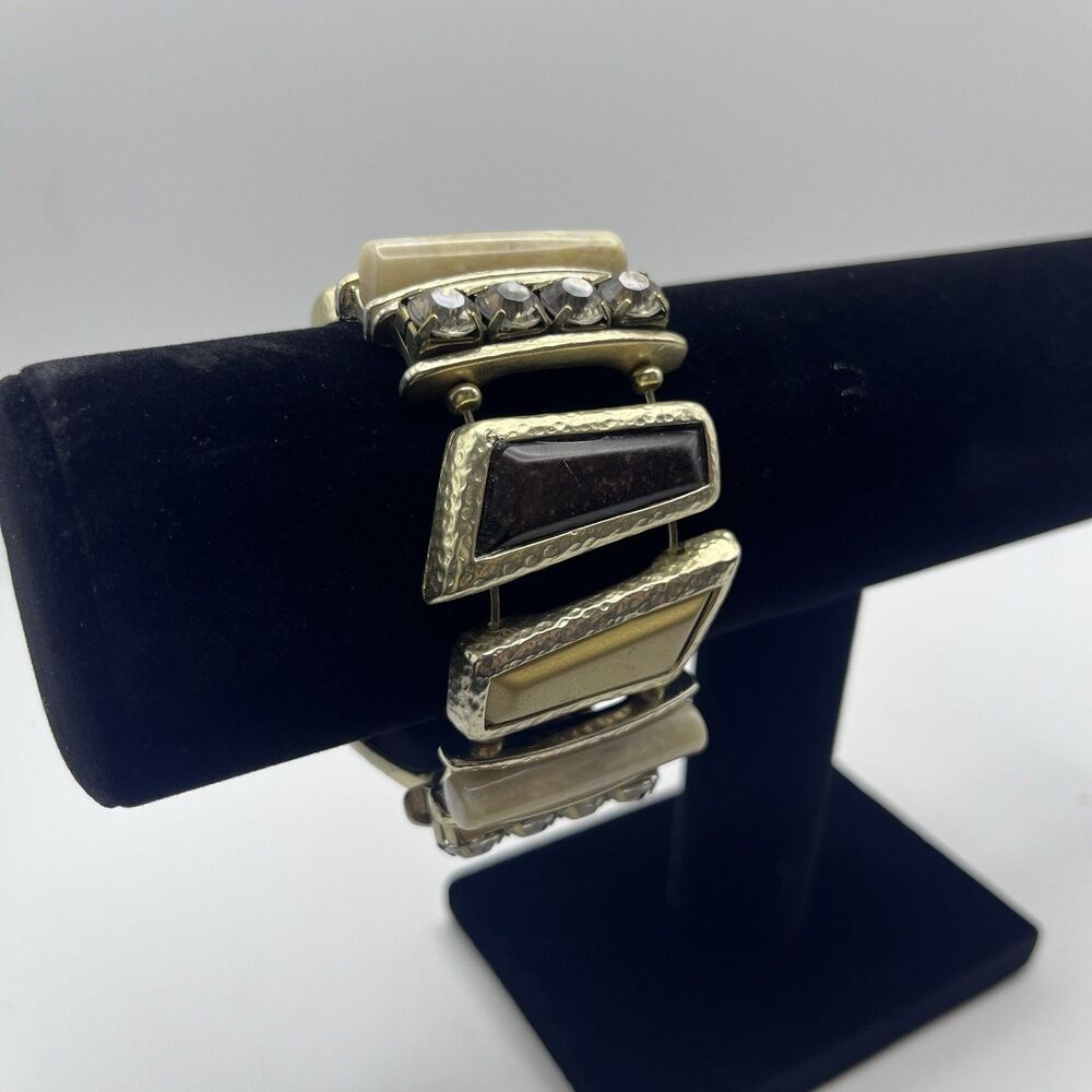 Stretch Cuff Bracelet Panel Alternating Rinestone & Octagon Faux Onyx Gold Tone
